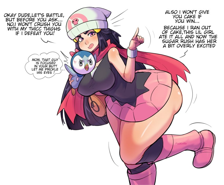 1girls ass boots breasts dawn_(pokemon)_(cosplay) dialogue english_text female hat huge_ass huge_breasts nintendo original_character pinkkoffin piplup pokemon pokemon_(species) pokemon_dppt short_skirt skirt text thick_thighs thunder_thighs too_small_clothes wide_hips