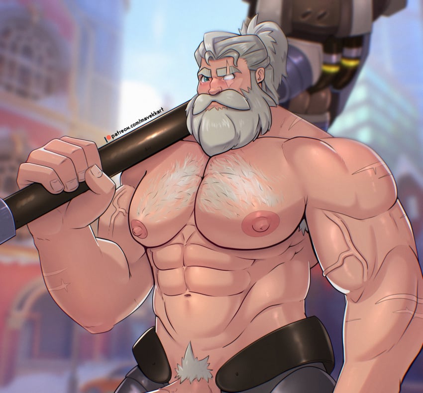 1boy bara chest_hair hairy_chest male male_only mavekkart muscular muscular_male old_man older_male overwatch pecs penis pubic_hair reinhardt solo solo_male