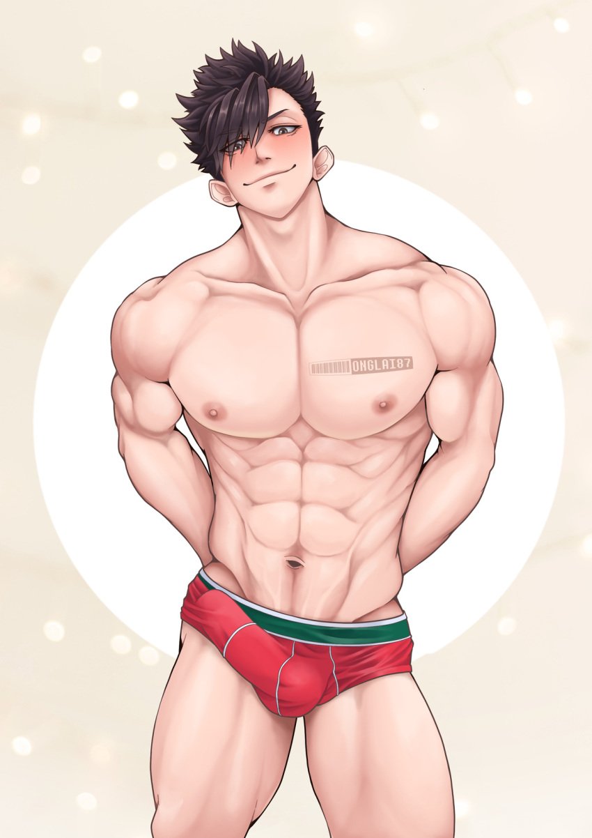 1boy black_hair bulge cocky erection_under_clothes hands_behind_back holidays kuroo_tetsurou looking_at_viewer male male_only muscular muscular_male onglai87 penis penis_outline smile smiling_at_viewer solo solo_male staring_at_viewer tagme thick_thighs underwear