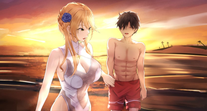 1boy 1girls alternate_costume artoria_pendragon_(swimsuit_ruler) artoria_pendragon_(swimsuit_ruler)_(second_ascension)_(fate) beach blonde_hair fate_(series) fujimaru_ritsuka_(male) holding_hand light-skinned_female light-skinned_male light_skin misapika official_alternate_costume outside sunset water