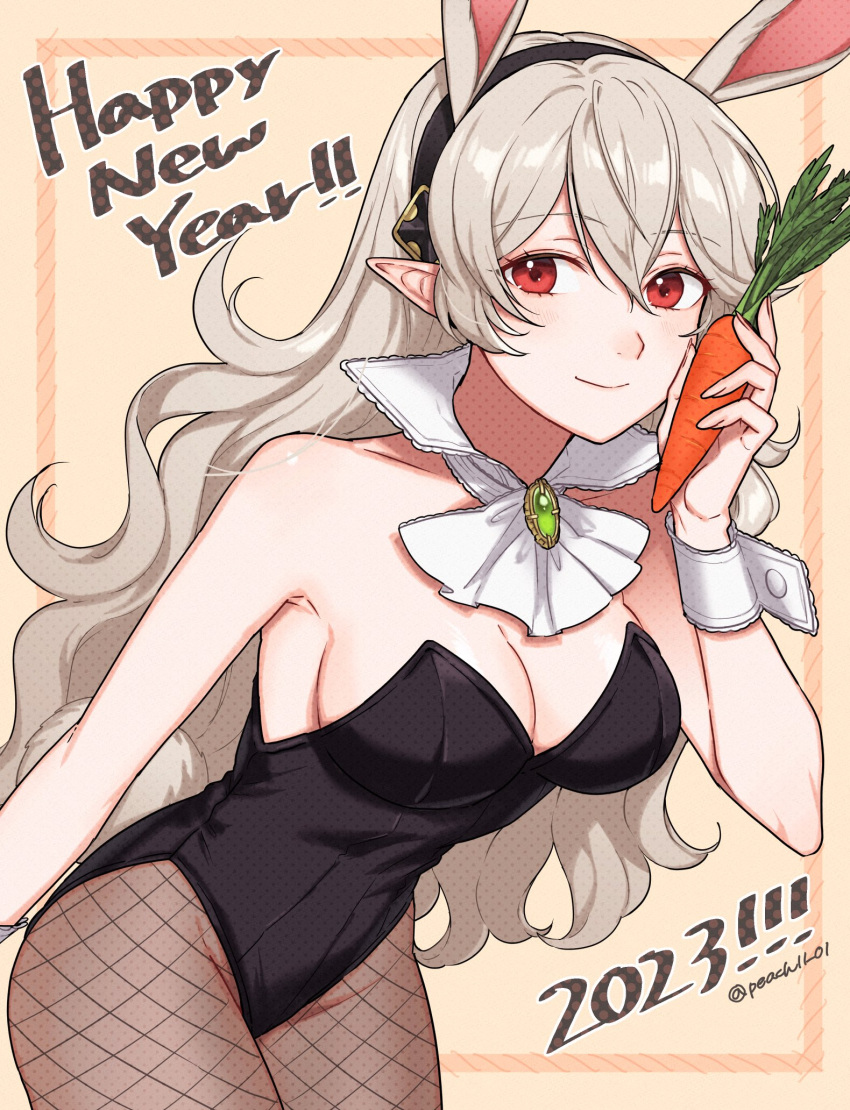 1girls 2022 2023s alternate_costume animal_ears black_leotard blush breasts bunny_ears bunny_girl bunnysuit carrot chinese_zodiac cleavage corrin_(fire_emblem) corrin_(fire_emblem)_(female) detached_collar fake_animal_ears female female_only fire_emblem fire_emblem_fates fully_clothed hair_between_eyes hairband happy_new_year hartman_hips highres leotard long_hair looking_at_viewer nintendo pantyhose peach11_01 playboy_bunny pointy_ears rabbit_ears red_eyes simple_background smile solo strapless strapless_leotard white_hair wrist_cuffs year_of_the_rabbit