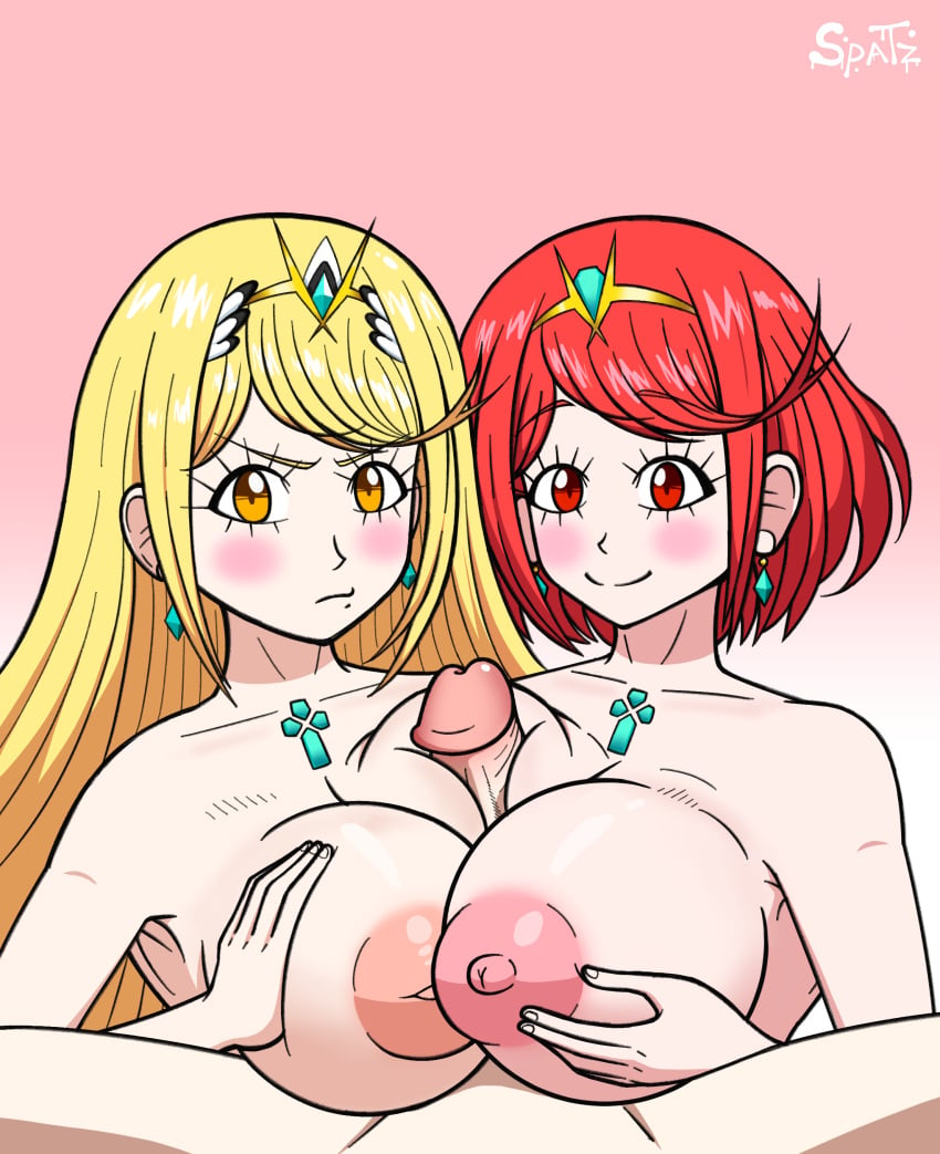 big_areola big_breasts big_penis blonde_hair bob_cut breasts double_paizuri inverted_nipples long_hair mythra paizuri pov pov_eye_contact pov_paizuri pyra red_eyes red_hair sinnerspatz titjob xenoblade_(series) xenoblade_chronicles_2