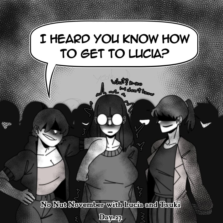 2021 6+girls absurd_res bangs clothed clothing crowd dialogue english_text eyes_covered faceless faceless_female female female_only fobi fully_clothed glasses higher_resolution_duplicate human monochrome multiple_girls no_nut_november predatory_look smile smiling standing surrounded text threatening