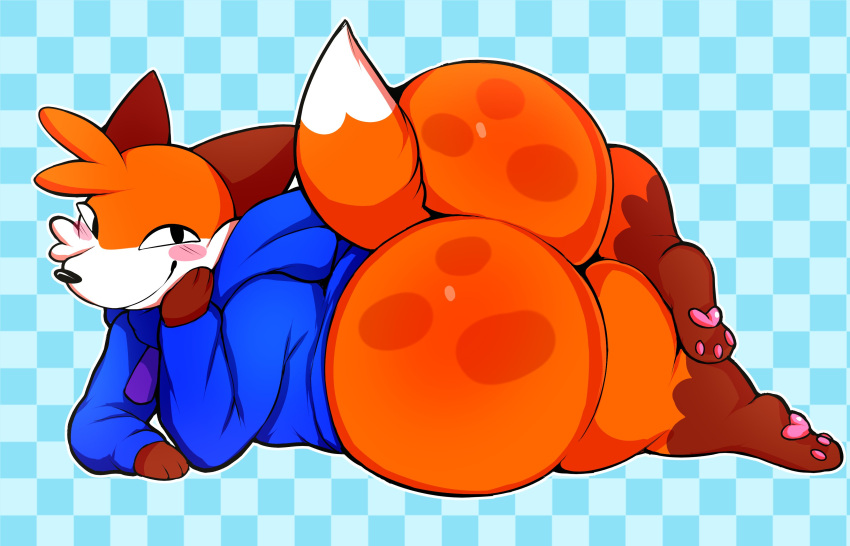 1boy anthro ass beans big_ass big_butt blush bottom_heavy bubble_butt cheek_tuft clothing dat_ass fat fat_ass femboy fox fur furry furry_only hair_tuft hand_on_cheek hi_res huge_ass jacket laying_down laying_on_stomach looking_at_viewer male male_only pantsless paws pose rockpup241 side_view smug solo soups_(superiorfox) spots tail thick_thighs thunder_thighs topwear waiting