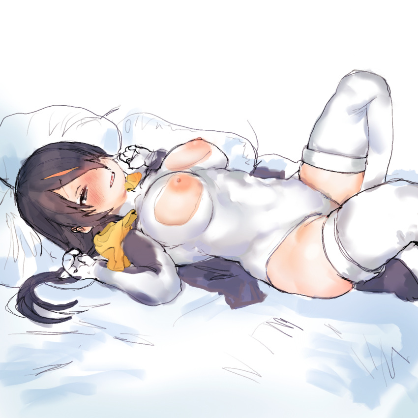 1girls big_breasts blush breasts chabo-kun emperor_penguin_(kemono_friends) female female_only kemono_friends leotard lying lying_on_back nipples solo thighhighs