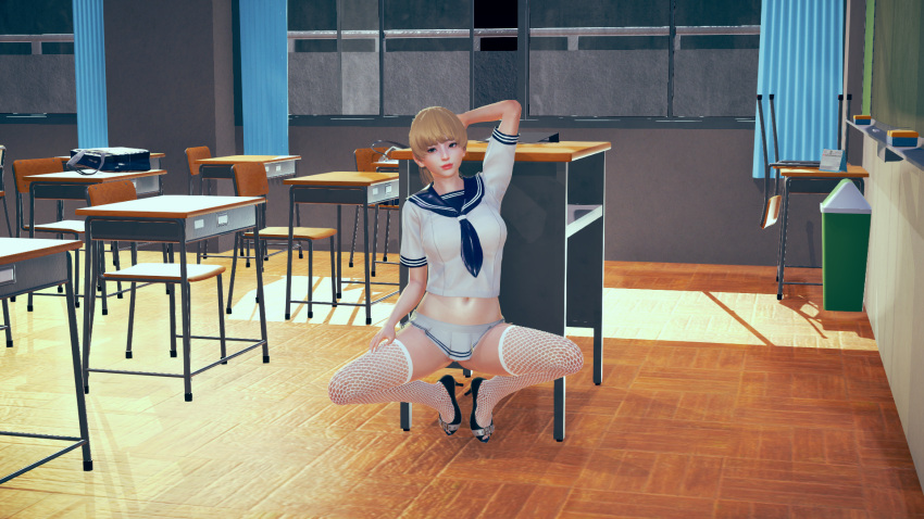 blonde_hair classroom fishnet_legwear heels medium_breasts miniskirt pure_lust school_uniform schoolgirl teenager