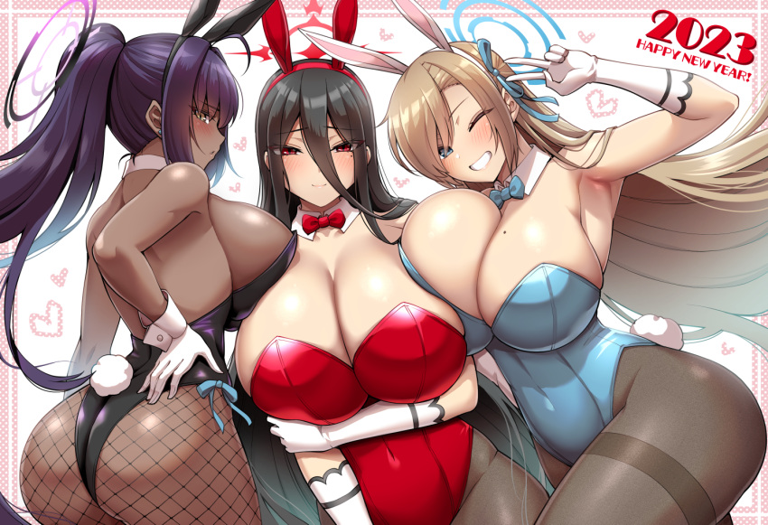 2023 3girls ass asuna_(blue_archive) asuna_(bunny)_(blue_archive) asuna_(bunny_girl)_(blue_archive) big_breasts black_hair blonde_hair blue_archive blue_eyes blush breast_on_breasts breasts_to_breasts brown_pantyhose bunny_ears bunny_girl bunny_tail chocolate_and_vanilla cleavage dark-skinned_female dark_skin female female_only fishnet fishnet_pantyhose fishnets hair_between_eyes happy_new_year hasumi_(blue_archive) high_resolution huge_breasts kanno_takanori karin_(blue_archive) karin_(bunny)_(blue_archive) karin_(bunny_girl)_(blue_archive) large_ass light-skinned_female light_brown_hair mole_on_breast new_year new_year_2023 one_eye_closed pantyhose peace_sign playboy_bunny ponytail red_eyes smile solo_focus thick_thighs thighs uncensored white_gloves wide_hips wrist_cuffs year_of_the_rabbit yellow_eyes