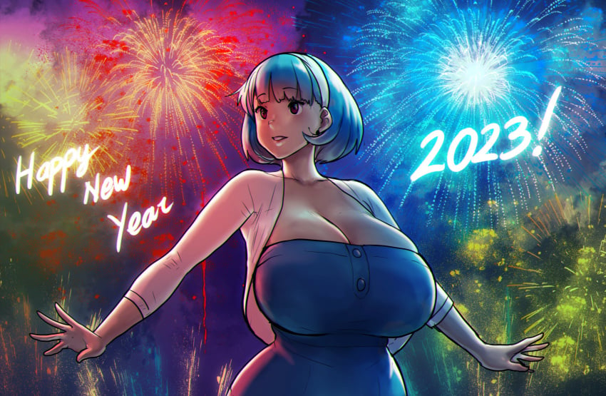 1girls 2023 backlighting bakunyuu bangs big_breasts blue_dress blue_hair blue_hair_female blunt_bangs blush bob_cut breasts cleavage collarbone curvaceous dress enormous_breasts erkaz erkaz_(artist) erkazooya errorkazoo firecrackers fireworks hair_ornament hairband happy_new_year hi_res high_resolution highres huge_breasts huge_cleavage massive_breasts new_year new_year_2023 night nighttime open_clothes open_sweater original original_character red_eyes rina_atherina rina_atherina_(errorkazoo) shiny shiny_hair shiny_skin short_hair short_hair_female smile solo solo_female strapless strapless_dress sweater top_heavy top_heavy_breasts upper_body voluptuous voluptuous_female white_hair_ornament white_hairband wide_hips