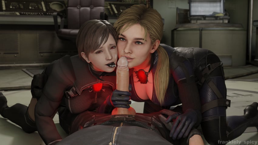 1boy 2girls 2girls1boy 3d albert_wesker blender blonde_female blonde_hair bodysuit brown_hair capcom catsuit cum cum_drip cum_in_mouth cum_on_face ffm_threesome frankiely_spicy green_eyes handjob jill_valentine jill_valentine_(blonde) jill_valentine_(sasha_zotova) licking light-skinned_female light-skinned_male light_skin pale-skinned_female rebecca_chambers red_eyes resident_evil resident_evil_0 resident_evil_5 scarab threesome