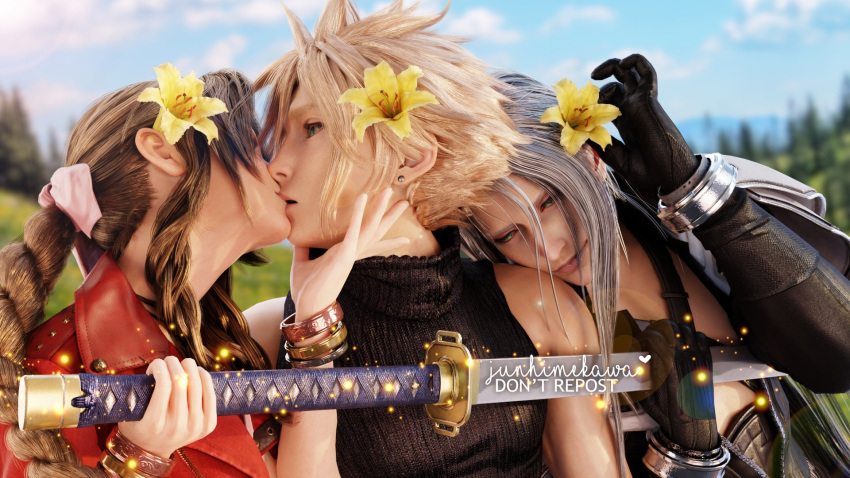 1girls 2boys 3d aerith_gainsborough anne_hathaway_in_twelfth_night bisexual bisexual_male bisexual_panic blender blonde_hair blue_eyes bracelet braid braided_ponytail brunette cloud_strife cuffs cute female final_fantasy final_fantasy_vii final_fantasy_vii_remake flower flower_in_hair fully_clothed gloves green_eyes hand_on_face head_on_shoulder kissing long_hair male male/male/female sandwiched sephiroth silver_hair solarasona spiky_hair square_enix suprised sword