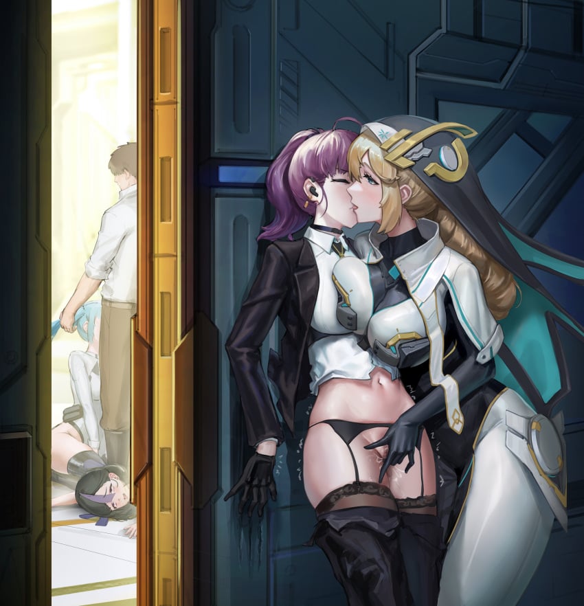 1boy 4girls after_sex against_wall ahe_gao arecus armor bangs black_gloves black_hair black_jacket black_legwear blonde_hair blue_hair blush bodysuit boots braid breast_press breasts brown_hair brown_pants choker collar commander_(nikke) dolla_(nikke) earpiece earrings emphasis_lines eyebrows_visible_through_hair faceless_male fellatio female fingering french_kiss garter_belt garter_straps gloves goddess_of_victory:_nikke grabbing_hair grimace hair_ornament hetero hidden holster implied_fellatio implied_sex jpeg kissing kneeling large_breasts long_hair long_sleeves lying male medium_breasts medium_hair multicolored_hair navel necktie nun open_mouth pants_down pouch privaty_(nikke) purple_eyes purple_hair rapunzel_(nikke) sex sidelocks stealth_sex stockings straight straps streaked_hair suit syuen_(nikke) thigh_boots thighhighs tongue tongue_out twintails veil white_body white_shirt yuri