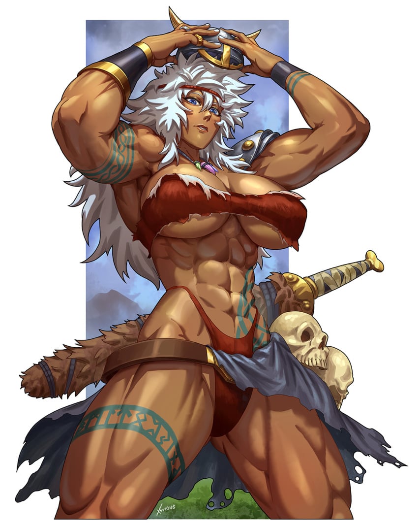 1girls abs artist_name artist_signature barbarian barely_clothed biceps blue_eyes breasts curvaceous curvy dark-skinned_female dark_skin female female_focus female_only helmet hi_res highleg hourglass_figure large_breasts long_hair muscular muscular_arms muscular_female muscular_legs muscular_thighs necklace obliques original original_character red_clothing serratus_anterior solo solo_female solo_focus sword tattoo thick_thighs thong triceps underboob weapon white_hair xeviousg