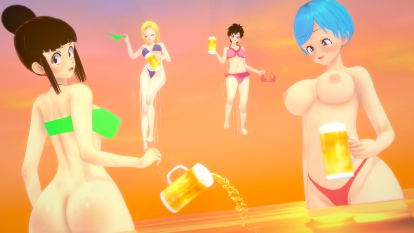 3d android_18 ass beach beer big_butt bikini bikini_bottom_removed bikini_top_removed breasts bubble_butt bulma_briefs chichi dragon_ball dragon_ball_z drunk female flying knockwolf koikatsu ocean prank videl