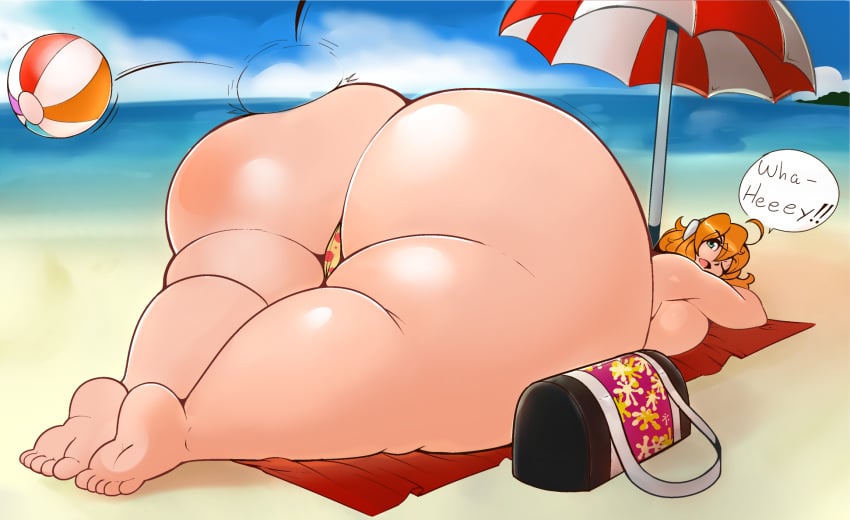 1girls annoyed beach beach_ball bikini eikasianspire feet gigantic_ass handbag huge_ass hyper_ass lying one_eye_closed orange_hair samantha_van_hof text topless umbrella