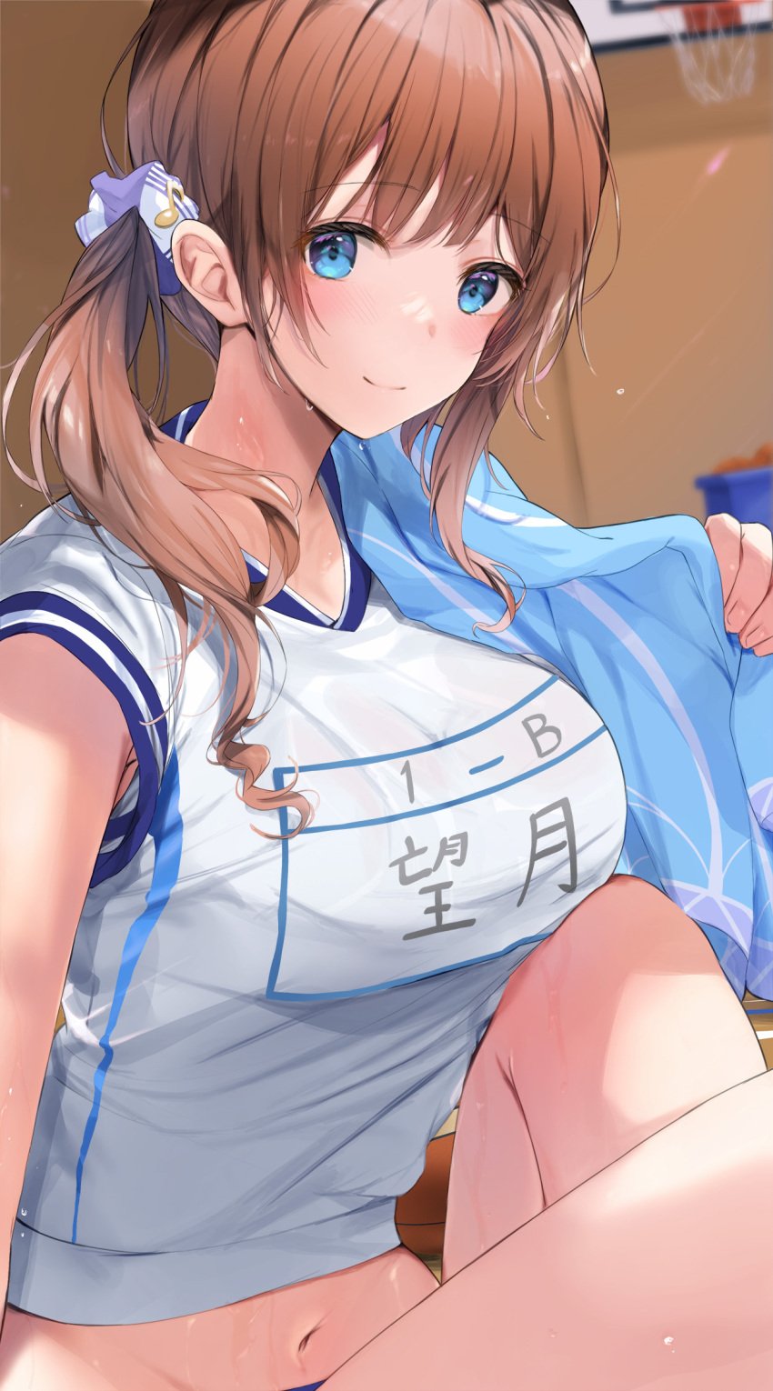 1girls big_breasts blue_eyes breasts brown_hair female gym_clothes gym_uniform looking_at_viewer mochizuki_honami project_sekai solo solo_female solo_focus tagme tomura2maru towel_on_shoulder wet wet_clothes wet_shirt