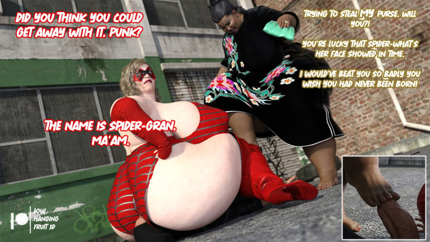 3d 3d_(artwork) alley angry asian asian_female ass bbw big_ass big_breasts black_hair blonde_hair blue_eyes boots breasts butt_focus chubby chubby_female daz3d daz_studio dialogue dominant_female domination faceless_male facesitting fat_ass feet feet_on_penis female female_domination foot_fetish footjob granny hips large_ass large_breasts lin_shuren_(lhf3d) lowhangingfruit3d_(artist) male mask masked mature_female obese old old_woman original_character overweight overweight_female spider-gran_(lhf3d) superhero superhero_costume superheroine thick_ass thick_legs thick_thighs thighs toes wide_hips