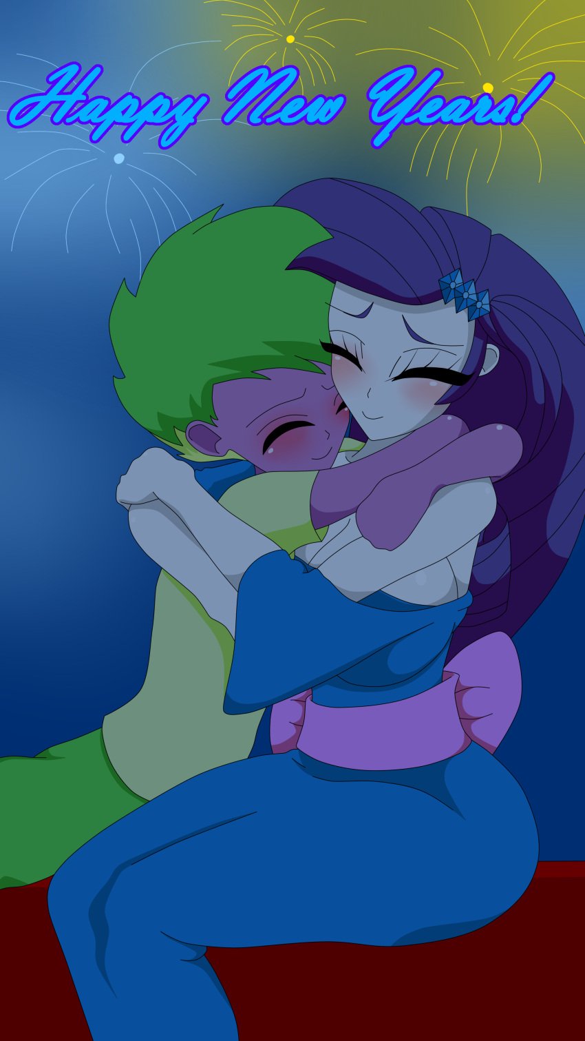 1boy 1boy1girl 1girls 2023 arms_around_partner bigger_female blush cute equestria_girls friendship_is_magic green_hair happy_new_year hasbro hugging human humanized kimono my_little_pony purple_hair rarity_(eg) rarity_(mlp) safe_for_work short_male smaller_male smooth_skin spike_(mlp) spiked_hair wholesome xml_xrossover(artist)