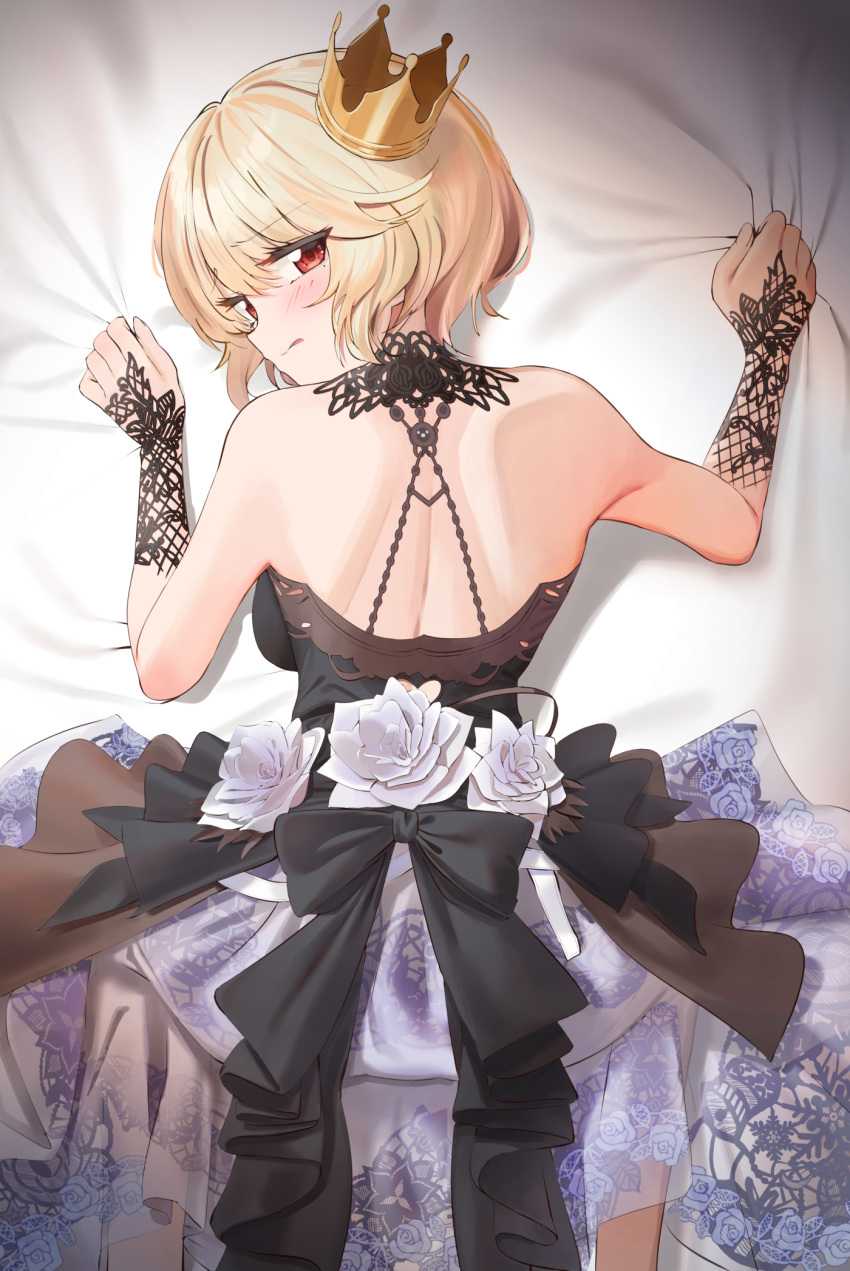 :q absurd_res back bangs bare_shoulders bed_sheet black_bow black_ribbon blonde_hair blush bow commission cream_(cream) crown female floral_print flower foot_out_of_frame frilled_ribbon frilled_skirt frills from_above hair_between_eyes hi_res highres lace lace-trimmed_skirt lace_trim licking_lips looking_at_viewer looking_back lying mole mole_under_eye on_bed on_stomach original red_eyes ribbon see-through sheet_grab short_hair skirt solo tongue tongue_out twin_(tt_lsh) white_flower