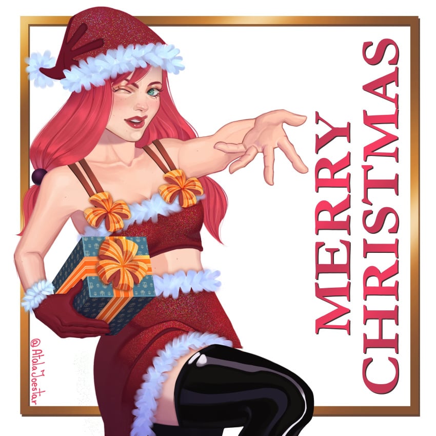 artist_signature christmas_outfit female green_eyes jojo's_bizarre_adventure jojolion red_lipstick winking_at_viewer yasuho_hirose