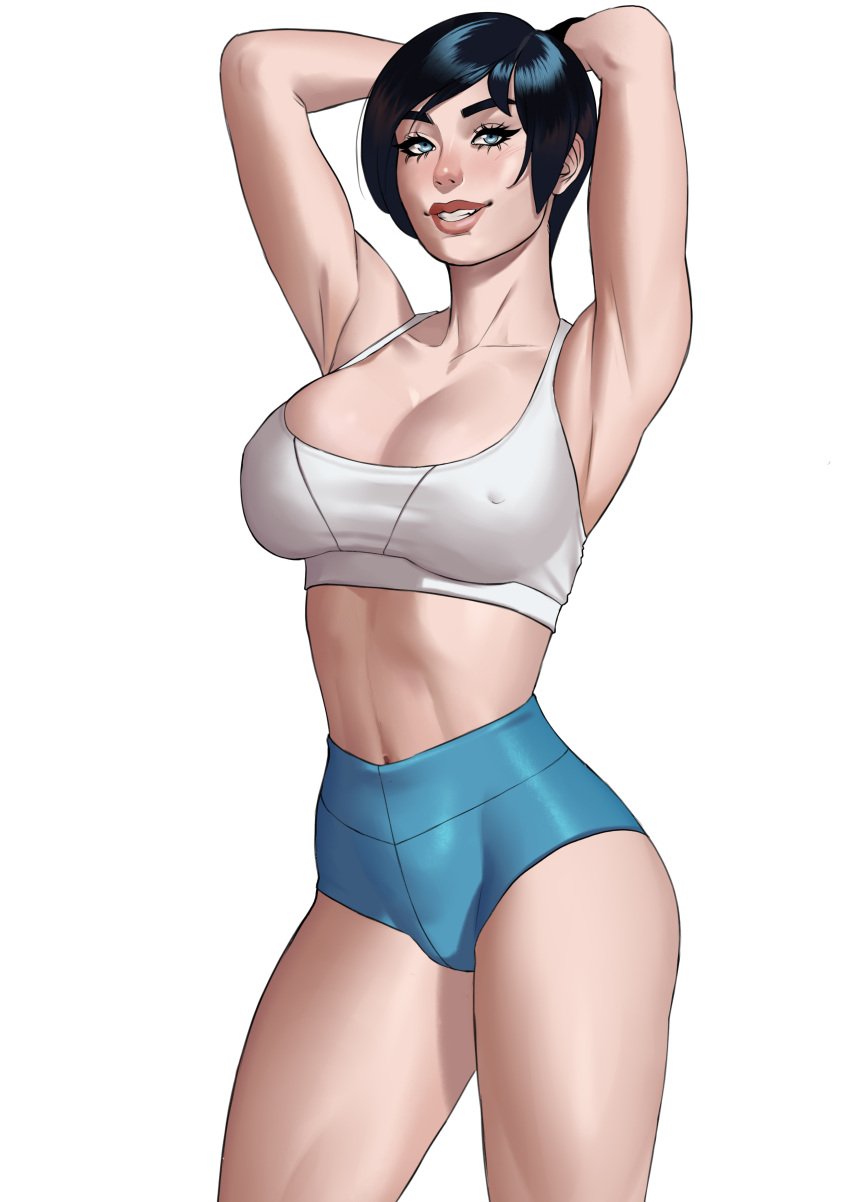 1girls 2d armpits black_hair blue_eyes female female_focus female_only fully_clothed gym_clothes gym_shorts hands_behind_head hotpants otto_cubze saphir_(otto_cubze) short_hair shorts solo solo_female sports_bra tight_clothing tomboy very_short_hair