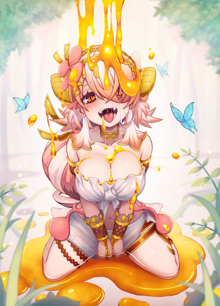 absurd_res blush breasts bug butterfly choker cleavage commentary duel_monster fangs female flower forest frilled_tube_top hair_between_eyes hair_ornament hair_over_one_eye hi_res highres insects large_breasts long_hair multicolored_hair nature navel open_mouth orange_eyes pink_hair plant poifuru saliva sharp_teeth sitting skirt slit_pupils strapless teeth tongue tongue_out traptrix_pinguicula tube_top two-tone_hair uvula wariza white_tube_top yu-gi-oh!