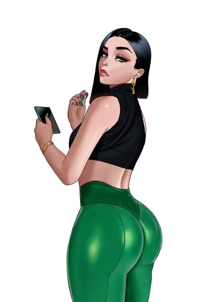 1girls 2d 5_fingers black_hair black_shirt bracelet cellphone clothed_female clothing dat_ass earrings female female_only fully_clothed gold_bracelet gold_jewelry green_eyes green_nails green_pants holding_key holding_object holding_phone jade_(otto_cubze) jewelry nose_ring otto_cubze phone piercing shiny_clothes simple_background solo solo_female standing tight_clothing white_background