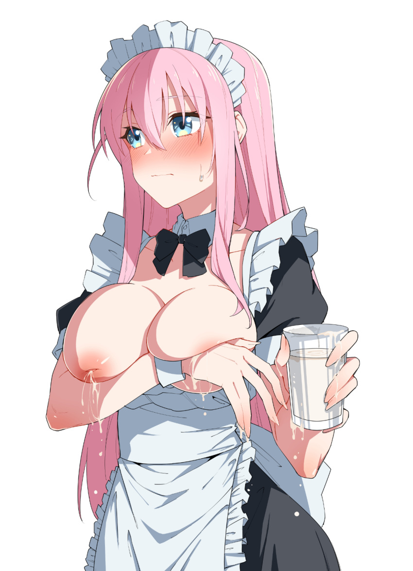 1girls big_breasts bocchi_the_rock! chubb cup female gotou_hitori inverted_nipples lactation long_hair maid milk_in_cup pink_hair solo tagme