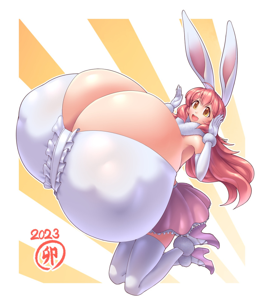 1girls breasts_bigger_than_head breasts_bigger_than_torso bunny_ears gigantic_breasts higuma hyper hyper_breasts long_gloves pink_hair tagme yellow_eyes