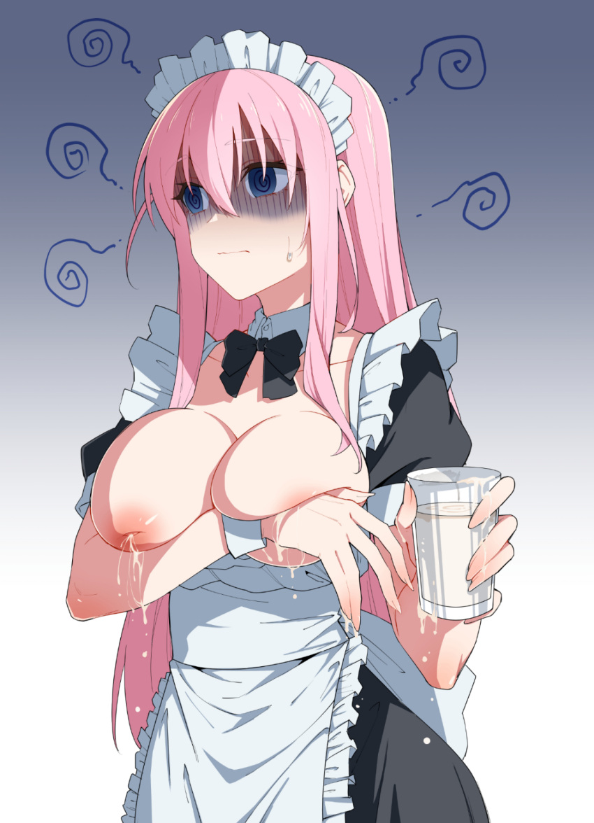 1girls big_breasts bocchi_the_rock! chubb covering_breasts cup female female_only gotou_hitori inverted_nipples lactation leaking_milk long_hair maid milk_in_cup pink_hair solo tagme