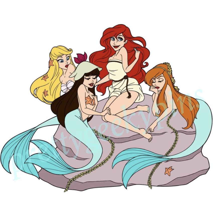 ariel arika_(peter_pan) black_hair blonde_hair breasts closed_eyes crossover disney disney_princess female female_only mermaid multiple_girls nippy13 peter_pan_(disney) ponytail seashell_bra the_little_mermaid topless visola