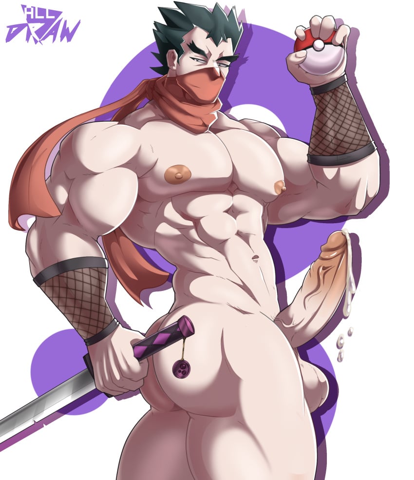 1boy all_draw ass balls bara bara_tits big_ass big_pecs big_penis dripping dripping_cum koga_(pokemon) male male_only muscles muscular muscular_male penis pokemon solo solo_male sword