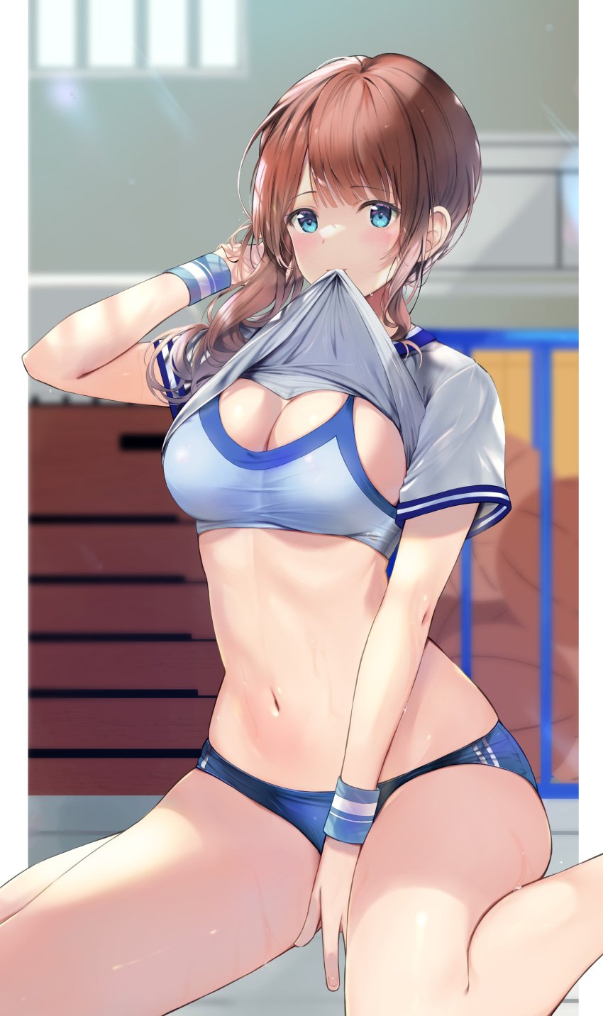 1girls big_breasts bloomers blue_eyes bra brown_hair buruma female gym_clothes gym_outfit gym_uniform mochizuki_honami project_sekai shirt_lift shirt_lift_via_mouth solo solo_female solo_focus sports_bra sports_uniform sportswear tagme thighs