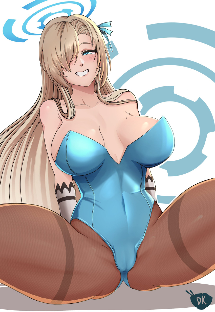 1girls 2022 asuna_(blue_archive) asuna_(bunny)_(blue_archive) asuna_(bunny_girl)_(blue_archive) blonde_hair blue_archive blue_eyes blush bunny_ears bunnysuit cameltoe dk_stuff female female_only hair_over_one_eye hi_res leaning_back legs_apart long_hair looking_at_viewer mole mole_on_breast narrowed_eyes pantyhose sitting smiling smiling_at_viewer solo teeth_showing thick_thighs