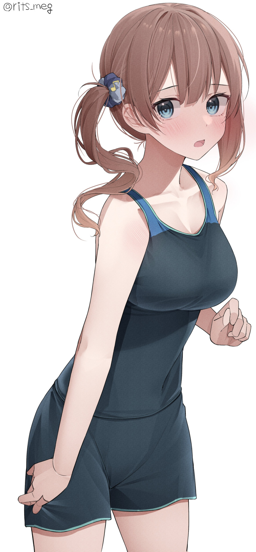 1girls artist_signature blue_eyes blush blushing_at_viewer brown_hair female gym_clothes gym_clothing gym_uniform light-skinned_female light_skin mochizuki_honami project_sekai solo solo_female solo_focus surprised surprised_expression tagme