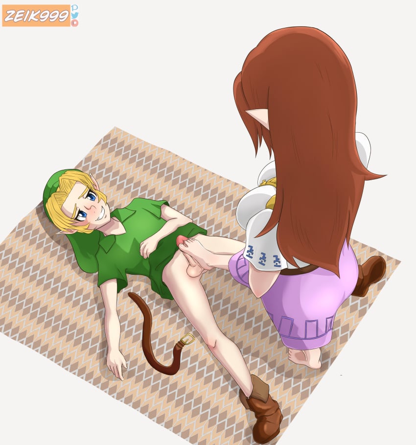 barefoot blush child cremia denki_anma foot_on_penis footjob link majora's_mask nintendo older_female on_back on_floor standing standing_footjob the_legend_of_zelda trample trampling young_link younger_male zeik999