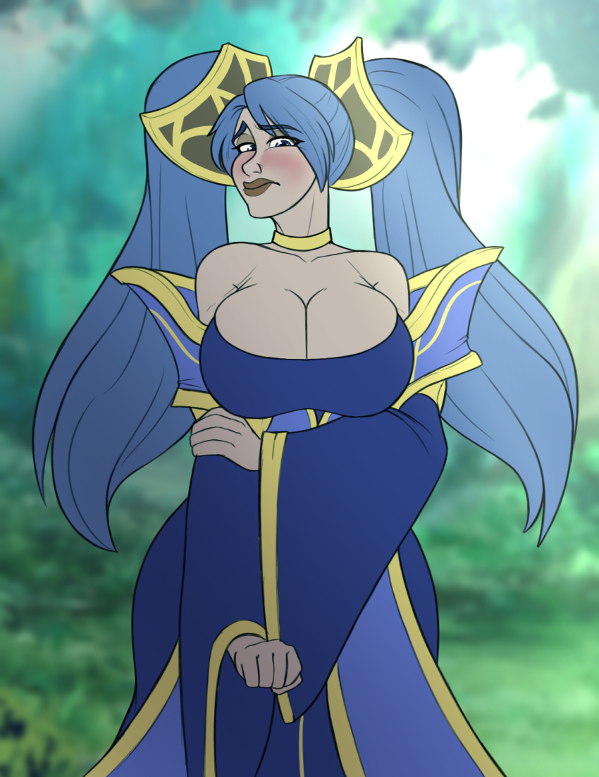 bashful big_breasts bursting_breasts hammertheshark large_breasts league_of_legends sona_buvelle