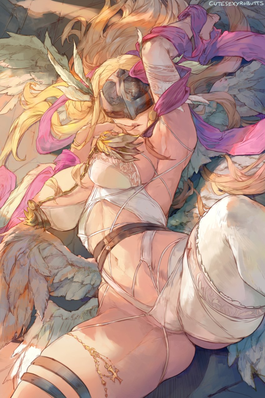 1girls absurd_res angel angewomon areola_slip belt big_breasts blindfold blonde_hair breasts cutesexyrobutts digimon digimon_(species) digimon_adventure female female_only finger_to_mouth helmet hi_res lingerie long_hair lying lying_on_back skimpy skimpy_clothes solo thick_thighs toned wings