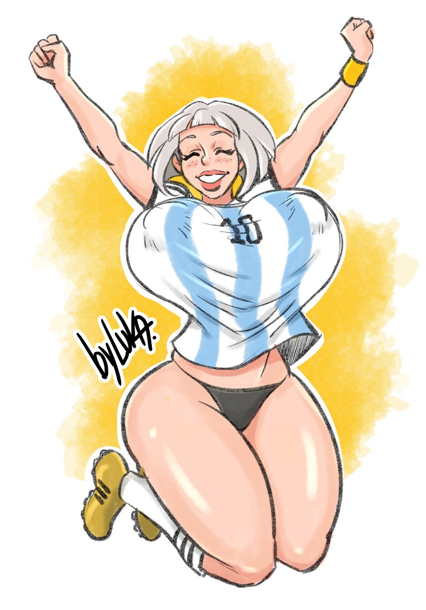 1girls argentina arms_up big_breasts bikini_bottom black_thong celebration closed_eyes football_uniform jump jumping lukaforyou national_personification nipple_bulge no_pants partially_clothed smile thong