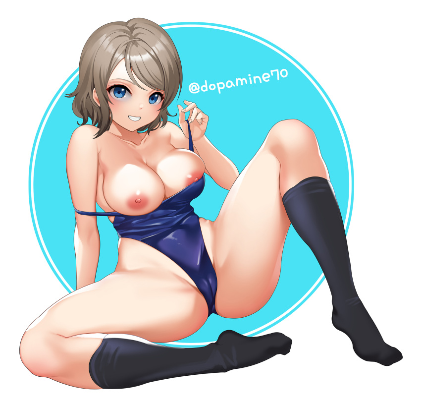 arm_support bangs between_breasts black_socks blue_eyes blue_one-piece_swimsuit breasts breasts_out brown_hair cameltoe collarbone commentary_request dopamine70 female grin highres holding_strap knee_socks kneehighs kneesocks looking_at_viewer love_live! love_live!_sunshine!! medium_breasts medium_hair neckerchief nipples no_shoes one-piece_swimsuit school_uniform serafuku shiny shiny_hair short_hair sitting skirt smile socks solo spread_legs swimsuit teeth twitter_username uranohoshi_school_uniform watanabe_you white_background