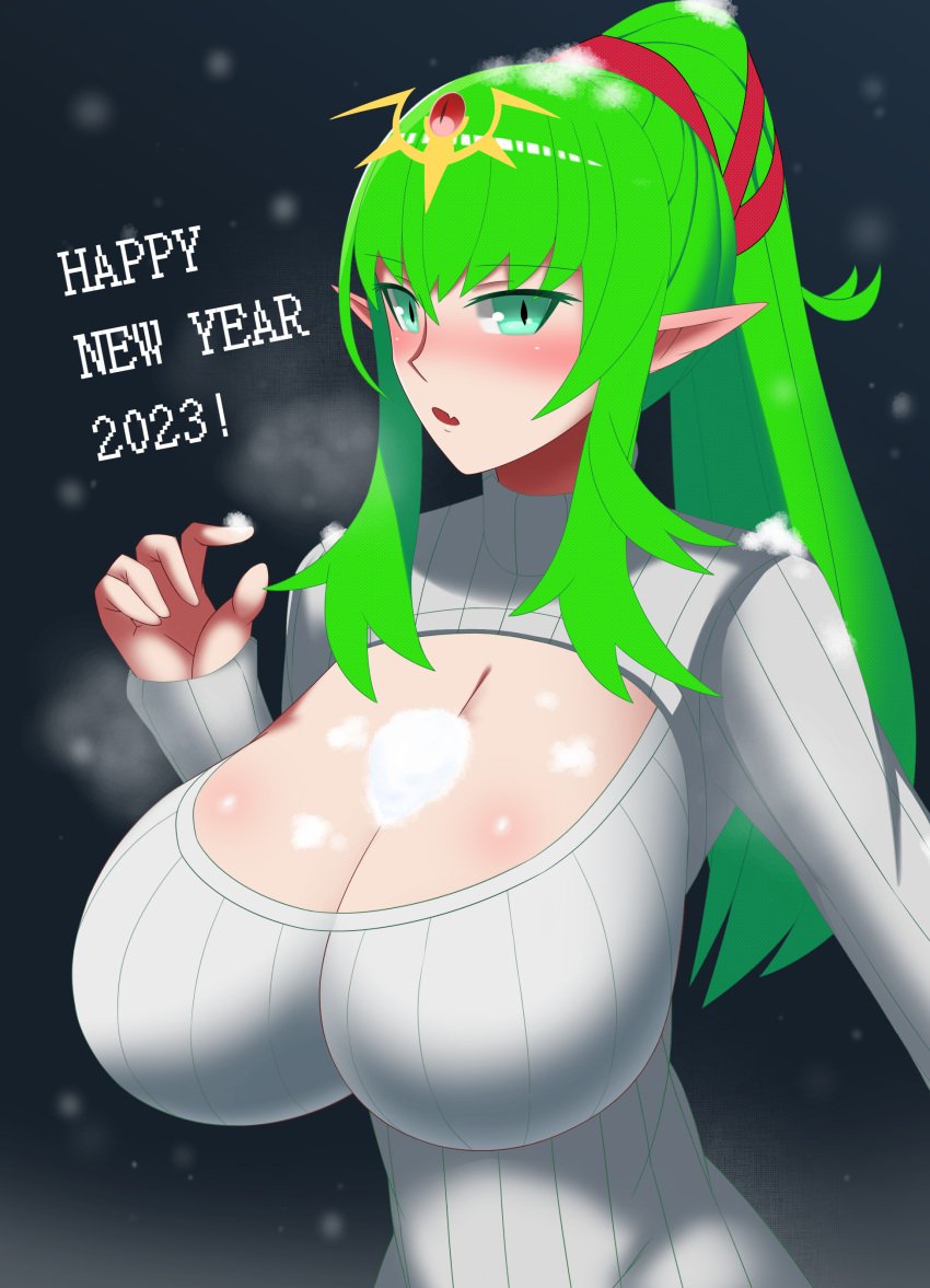 1girls 2023 alternate_costume alternate_version_available between_breasts blush breasts cleavage cleavage_cutout deep_cleavage female female_only fire_emblem fire_emblem_awakening green_eyes green_hair heavy_breathing large_breasts long_hair looking_at_viewer new_year nintendo open_mouth outdoors pibu pixiv pointy_ears ponytail slit_pupils snow solo suggestive sweater tiki_(adult)_(fire_emblem) tiki_(fire_emblem)