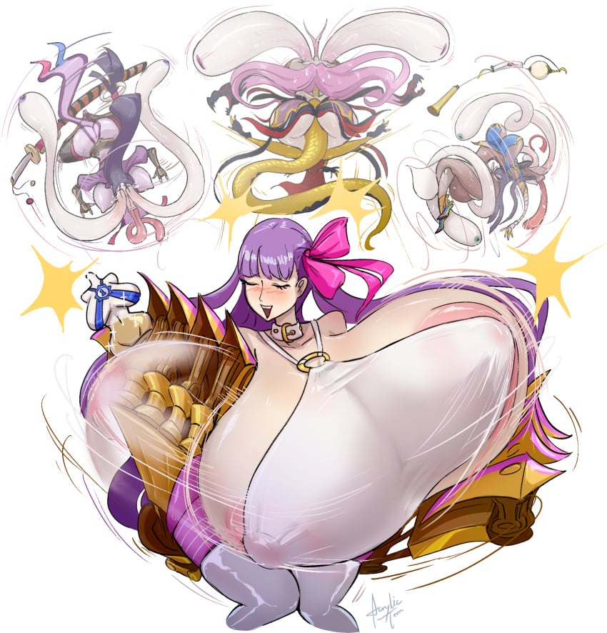 4girls acrylictoon attack awooga blush bouncing_breasts closed_eyes closed_legs eyes_bugging_out face_slapping_breasts fate/grand_order fate_(series) female funny humor medusa_(fate) minamoto_no_raikou_(fate/grand_order) multiple_girls passion_lip scheherazade_(fate) shy tagme tongue_out wild_take