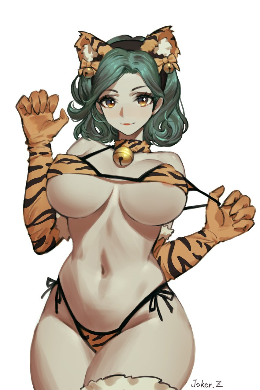 2022 armwear artist_name bell bell_collar belly bikini bikini_bottom bikini_top choker collar eyebrows eyelashes green_hair joker.z light-skinned_female looking_at_viewer navel original original_character pale-skinned_female simple_background solo solo_female thick_thighs thighs tiger_ears tiger_print tiger_print_armwear tiger_print_bikini tiger_print_choker tiger_print_collar white_background yellow_eyes