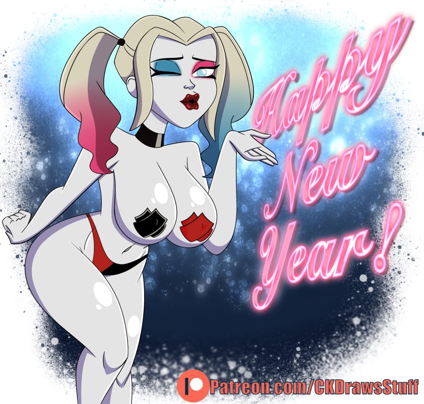 1girls alternate_version_available batman_(series) big_breasts blonde_hair blowing_kiss breasts choker codykins123 commission dc dc_comics dyed_hair female female_only happy_new_year harleen_quinzel harley_quinn harley_quinn_(2019) harley_quinn_(series) panties pigtails solo taped_nipples topless