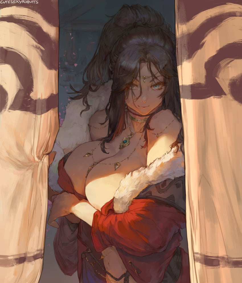 1girls absurd_res areola_slip big_breasts black_hair breast_squeeze breasts cutesexyrobutts female female_only hi_res large_breasts long_hair looking_at_viewer mika_setilan nipple_bulge original original_character seductive_look solo