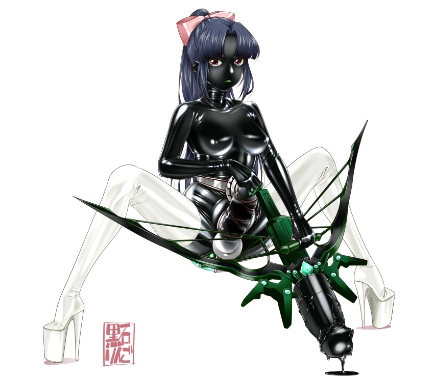 belt black_latex corruption crossbow dark_persona drone droneification female futanari futanari_transformation green_lips high_heels idolmaster idolmaster_cinderella_girls implied_transformation latex_body mizuno_midori penis post_transformation thick_thighs transformation transforming_into_combatant wide_hips