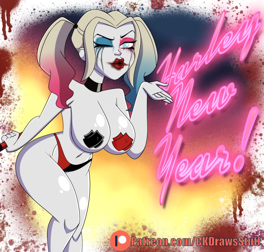 1girls alternate_version_available batman_(series) big_breasts blonde_hair blood blowing_kiss breasts choker codykins123 commission dc dc_comics dyed_hair female female_only happy_new_year harleen_quinzel harley_quinn harley_quinn_(2019) harley_quinn_(series) panties pigtails solo taped_nipples topless