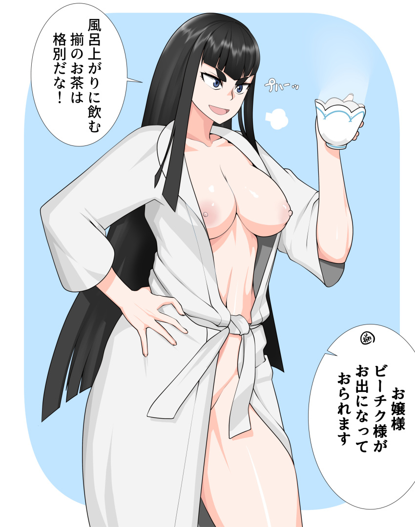 areolae asha asian asian_female bathrobe big_breasts black_hair blue_eyes cup cup_of_tea female hi_res highres kill_la_kill kiryuuin_satsuki light-skinned_female light_skin long_hair naked_robe nipples partially_clothed robe tea teenager thick_thighs