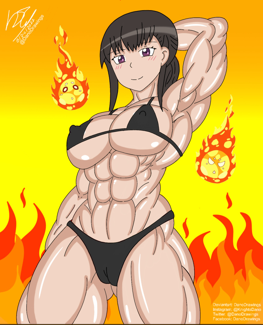 1girls abs artist_signature bikini black_hair danodrawings digital_media_(artwork) enen_no_shouboutai extreme_muscles female female_only fire fire_force huge_breasts light-skinned_female looking_at_viewer muscle_girl muscle_tone muscles muscular_female oze_maki purple_eyes six_pack solo toned_body toned_female toned_stomach