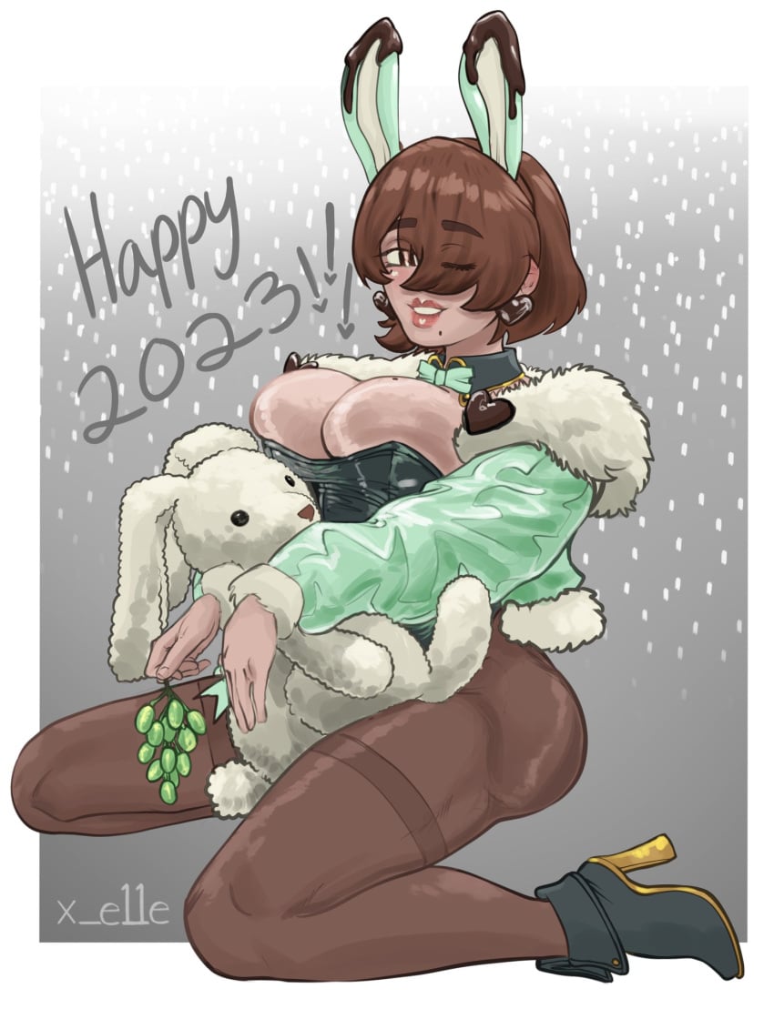 1girls 2023 breasts brown_hair bunny_ears cleavage eyebrows_visible_through_hair eyes_visible_through_hair female female_only fur_jacket happy_new_year heels hi_res jacket kneeling looking_at_viewer louise_(rizdraws) medium_hair new_year pantyhose rabbit smiling smiling_at_viewer solo stuffed_animal wink winking_at_viewer x_e11e year_of_the_rabbit