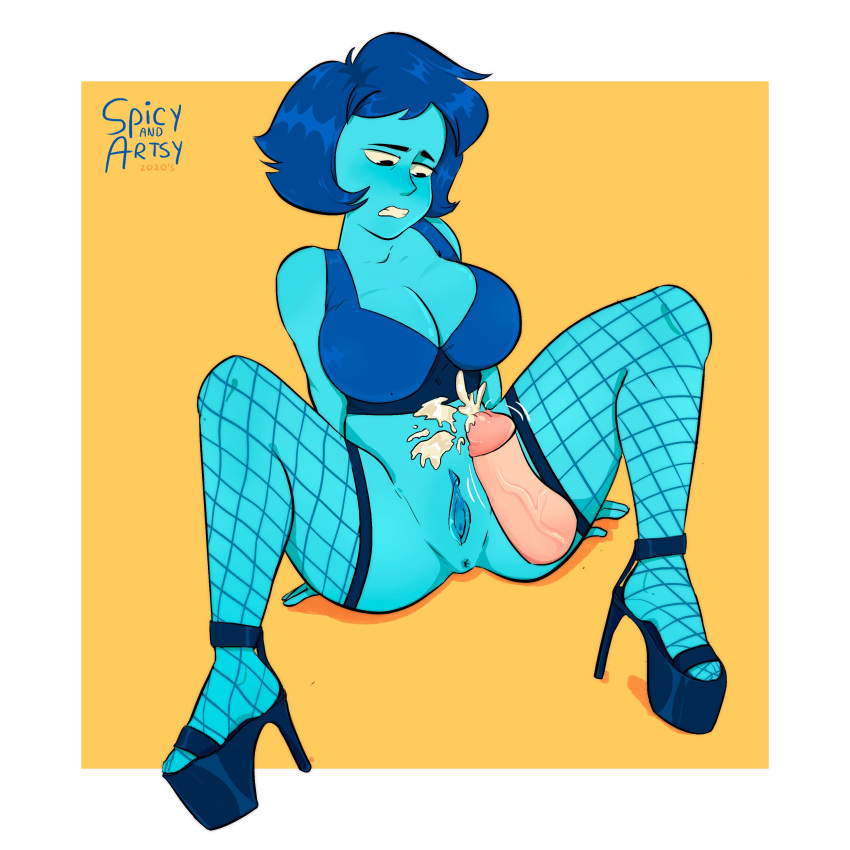 1girls big_ass big_breasts blue_hair blue_skin female high_heels lapis_lazuli_(steven_universe) lewdshock penis steven_universe tagme thick_thighs